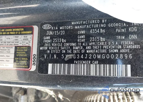 2021 Kia K5 Ex z USA, uszkodzony, nr VIN 5XXG34J20MG002896